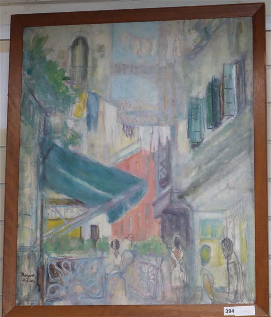 Margaret Hislop RSA, RBA (1894-1972), oil on board, French street scene, signed, 75 x 62cm